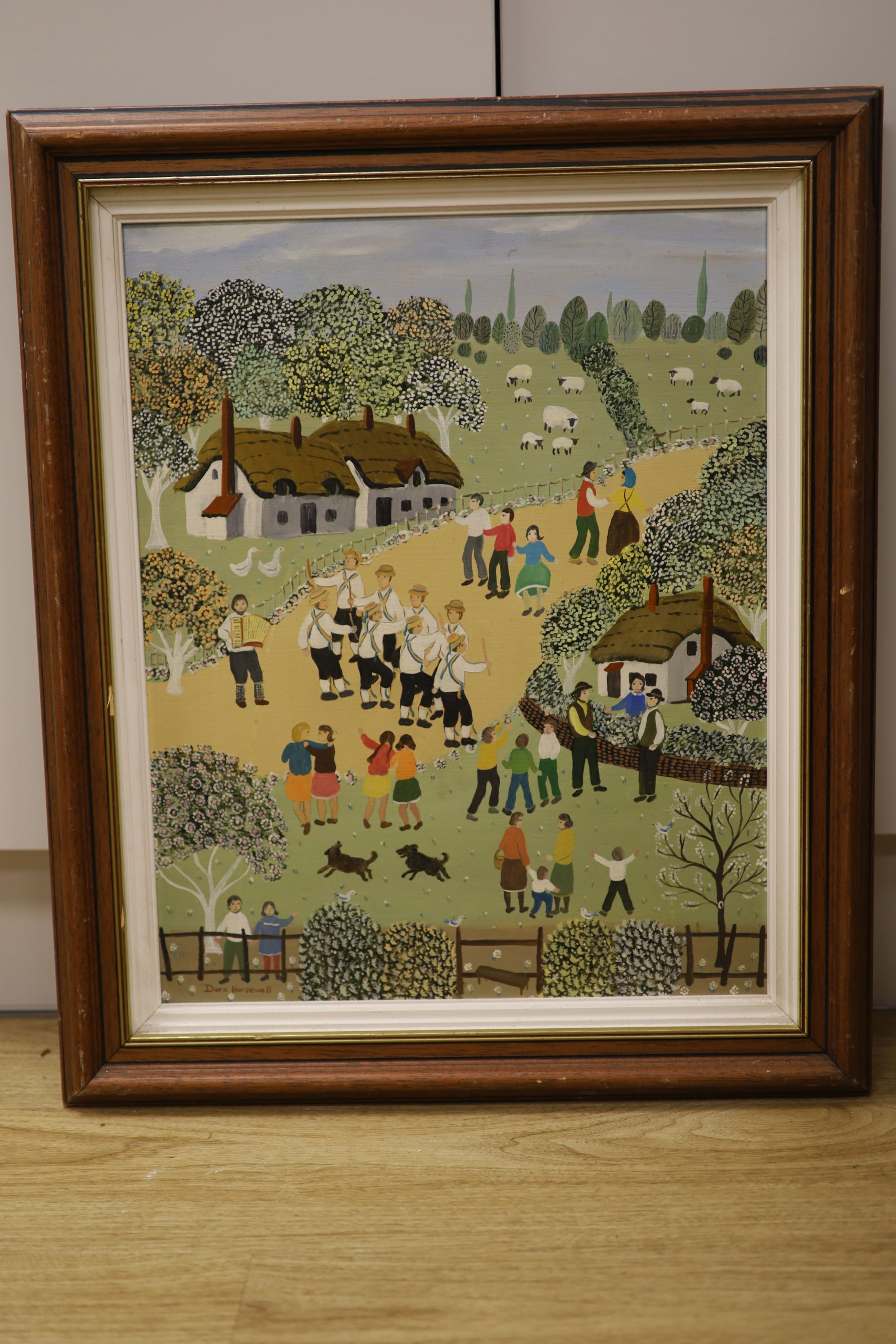 Dora Horsewell, oil on board, Morris dancers, signed, 50 x 40cm.